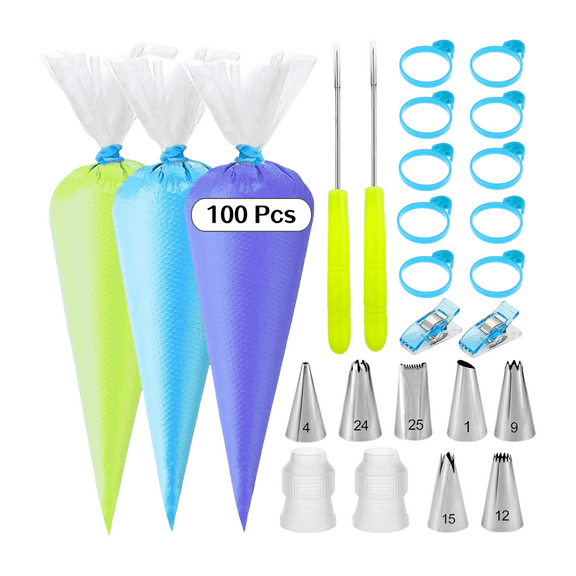 Icing Piping Bags and Tips Set: 100 Tipless Disposable Pastry Bags, 7 Decorating Tips, 2 Needles, 2 Blue Clips, 2 Couplers, 10 Ties - Cookie Cake Decorating Kit