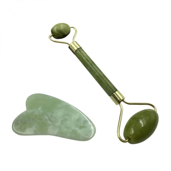 2 in 1 Natural Facial Massager Double Head Facial Roller for Face Care and Gua Sha Massage Tool Anti-aging Jade Set