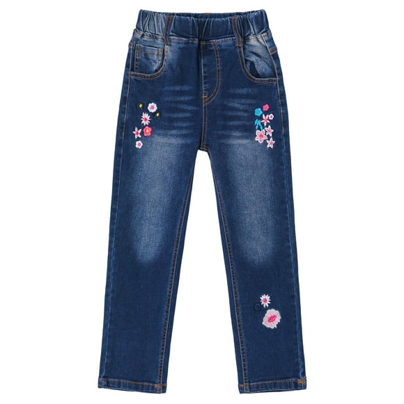 KIDSCOOL SPACE Little Girl Daily Embroidered Denim Pants,6-7 Years