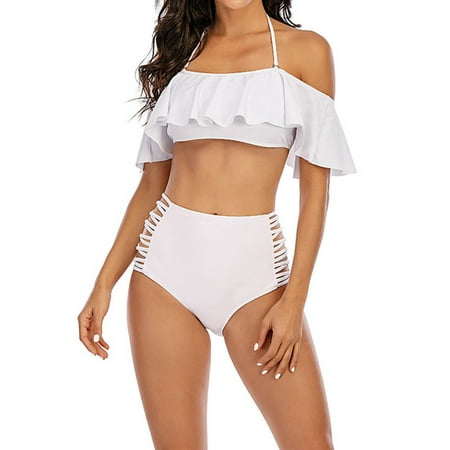 TrendVibe365 Swimsuit for Women 2024 Bikini 2 Piece Ruffle High Waist Tummy Control Flounce Strapless Bathing Suit Solid Cutout Slimming Bandage Beachwear Modest Bandeau Brief Thong Boho Flattering