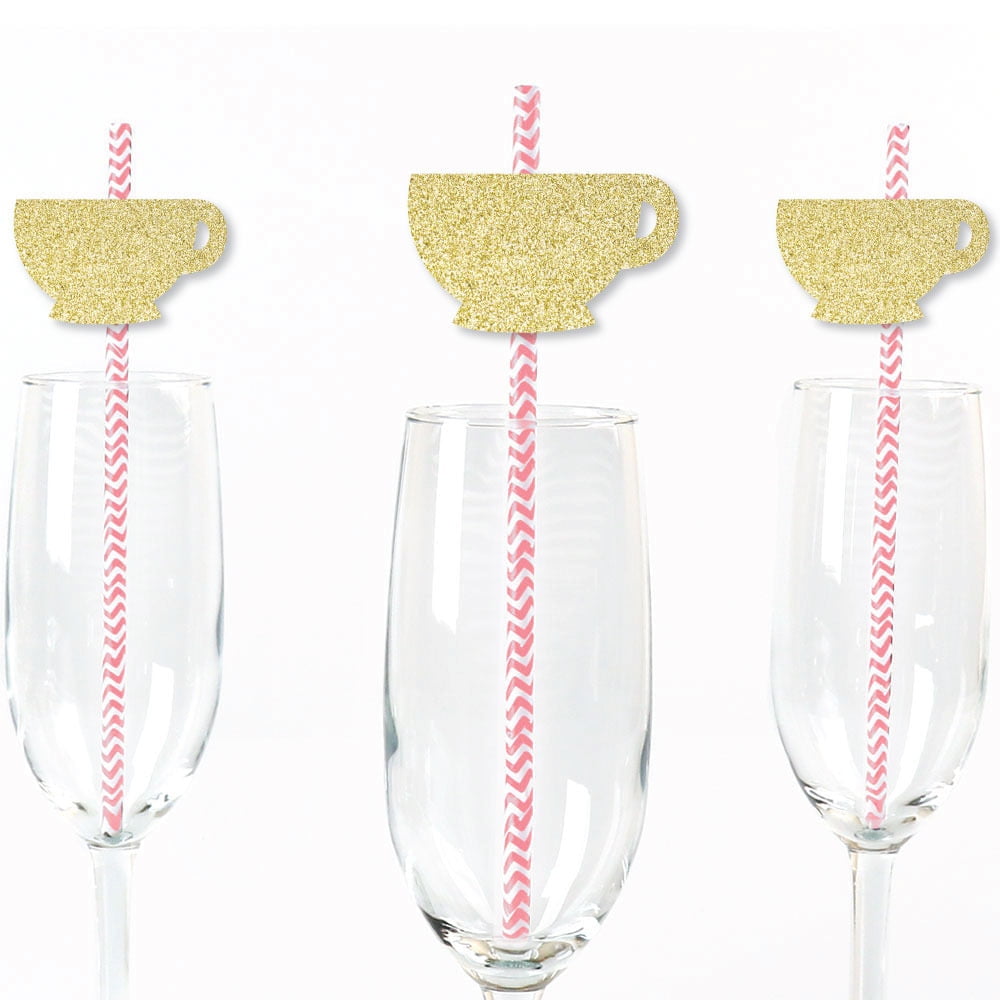 Gold Glitter Tea Cup Party Straws - No-Mess Real Gold Glitter Cut-Outs and Decorative Garden Tea Party Paper Straws - Set of 24