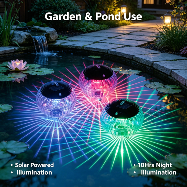 2PCS Solar Floating Pool Lights, IP65 Waterproof RGB Color‑Changing LED Lights, Solar‑Powered with Hanging Hole for Pond, Fountain, Garden, Patio Outdoor Decoration
