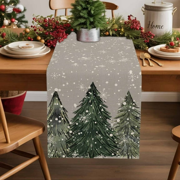 Burlap Table Runner 36 Inches Long,Merry Christmas Green Pine Tree Non-Slip Kitchen Table Runners for Dining Room Everyday Use Party Table Decorations Winter White Snowflake on Grey