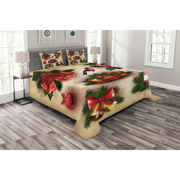 Ambesonne Christmas Quilted Bedspread Set 3 Pcs, Vintage Ornaments, King Size, Multicolor