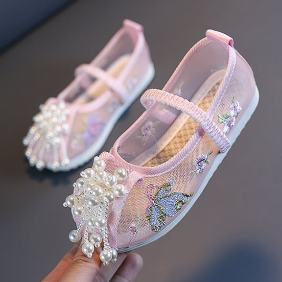 XIMIN Girls Mary Jane Flats Mesh Cloth Upper Pearl Embroidery Elastic Strap Breathable Lightweight Cute Comfortable Summer Casual Flats (Pink, 9-9.5 Years)