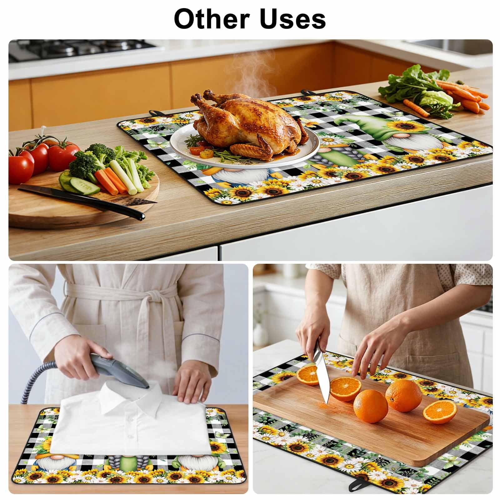 Spring Gnomes Stove Top Cover for Electric Stove, Heat-proof & Non Slip Glass Top Stove Cover Protector, Botanical Budding Sunflowers Buffalo Plaid Kitchen Flat Cooktop Rubber Mat 24x21 Inches