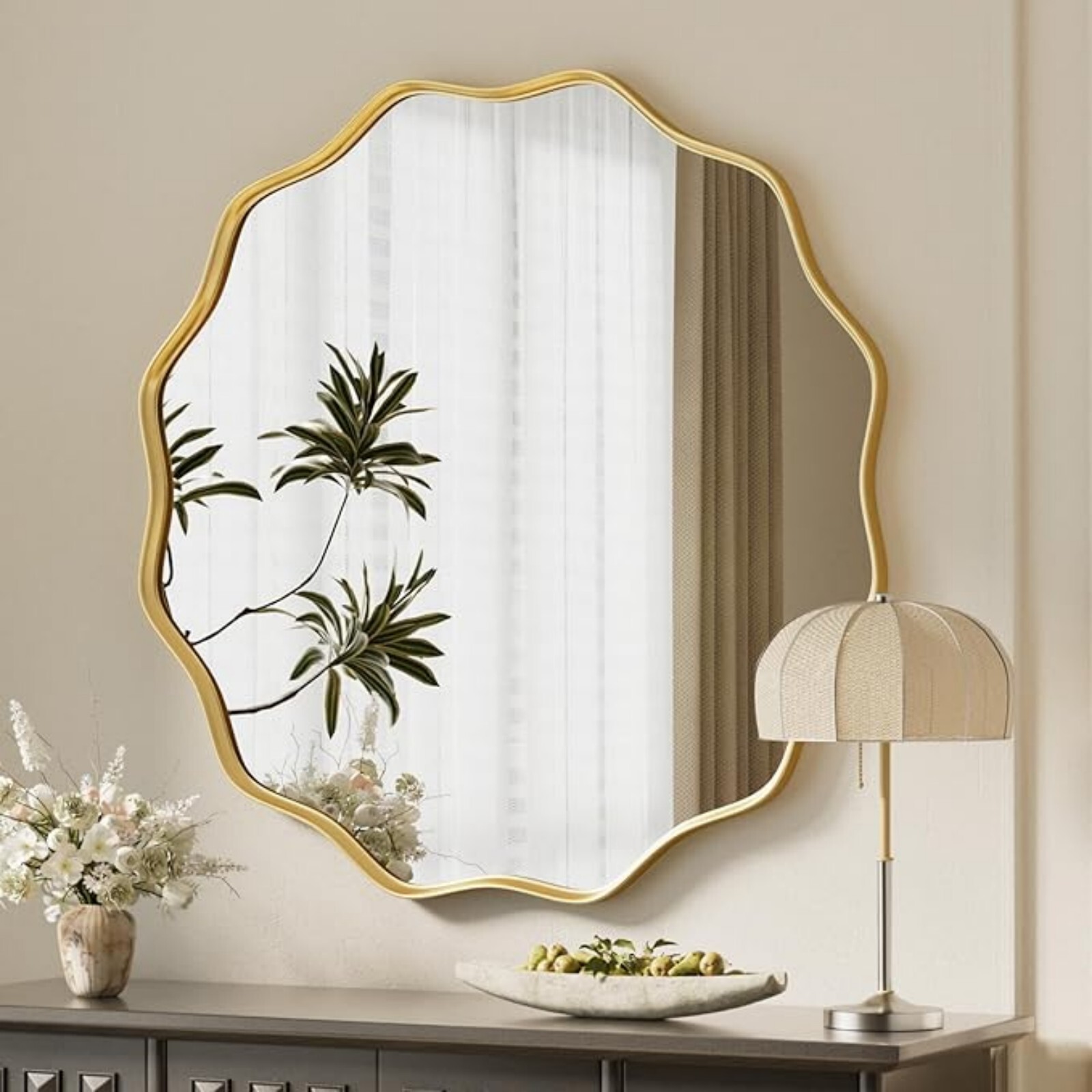 AUROMIR 30" Wavy Round Bathroom Mirror Wall Mounted Mirror Vanity Mirror with Metal Frame, Gold