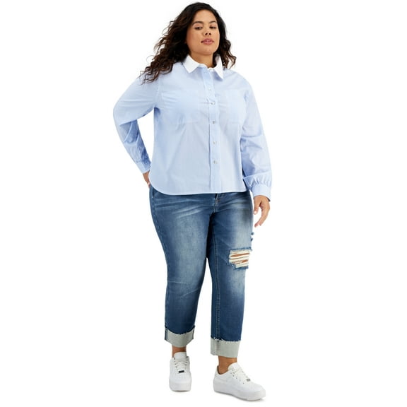 And Now This Women's Cotton Striped Poplin Shirt Blue Size 0X