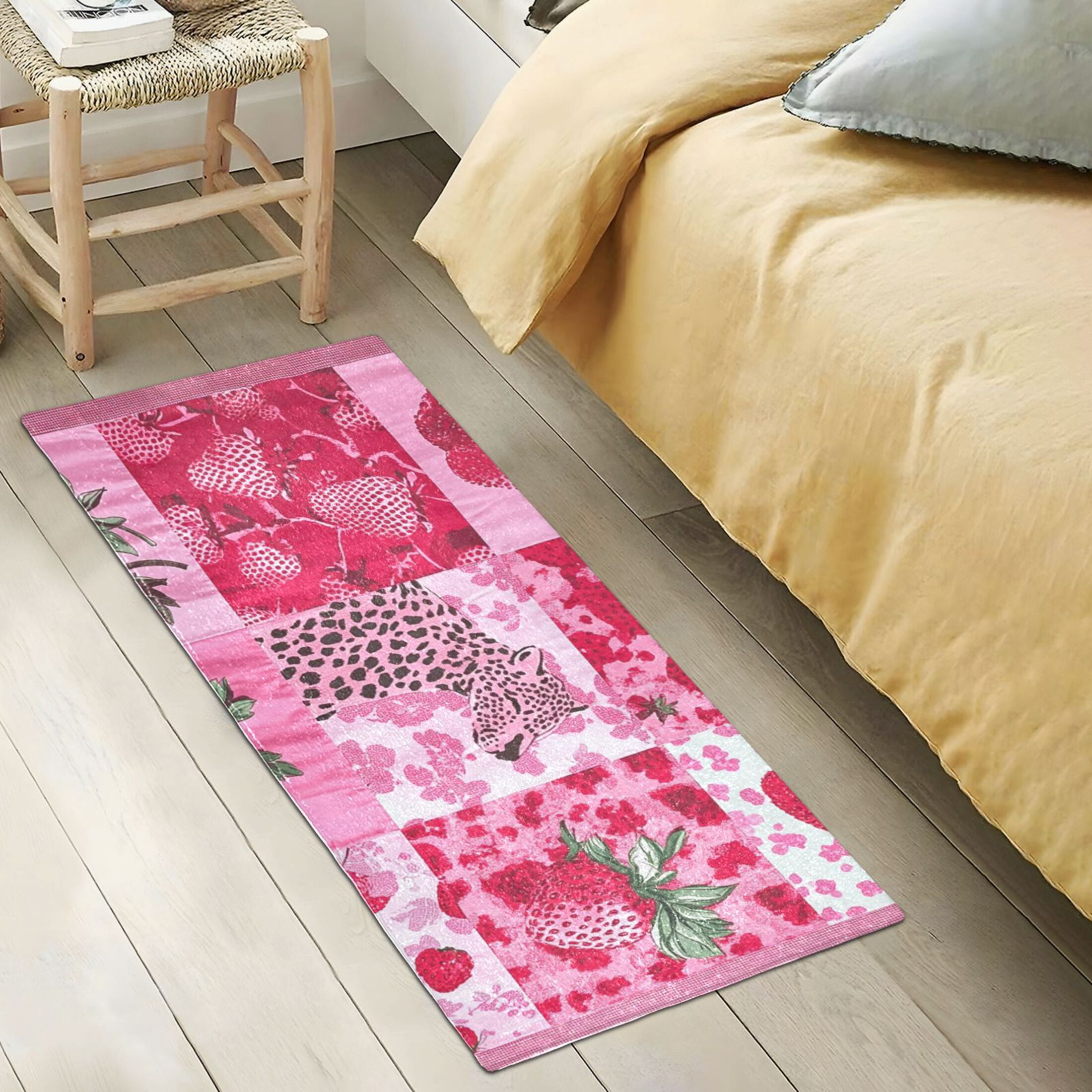 Pink Cheetah Strawberries Bathroom Rug 39x20 Non Slip Quick Dry Washable Bathroom Mats for Bedroom Living Room Kitchen