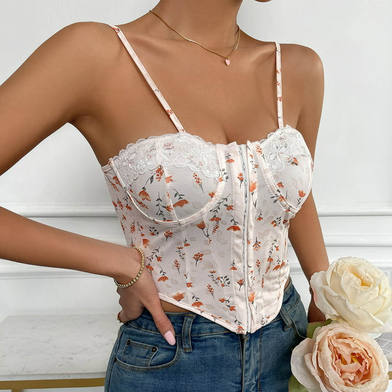Taqqpue Womens Vintage Floral Print White Corset Sexy Lace Spaghetti Strap  Lace Up Corset Mesh See Through Cami Crop Tops Rave Cute Outfits Vest  Bustiers Corset Tops for Women 