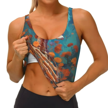 Qokaie Artistic Orange Carnation Skull Pattern Womens Scoop Neck Sports Bra Breathable Workout Vest Padded U Back Medium Impact Fitness Gym Yoga Bra Workout Crop Top