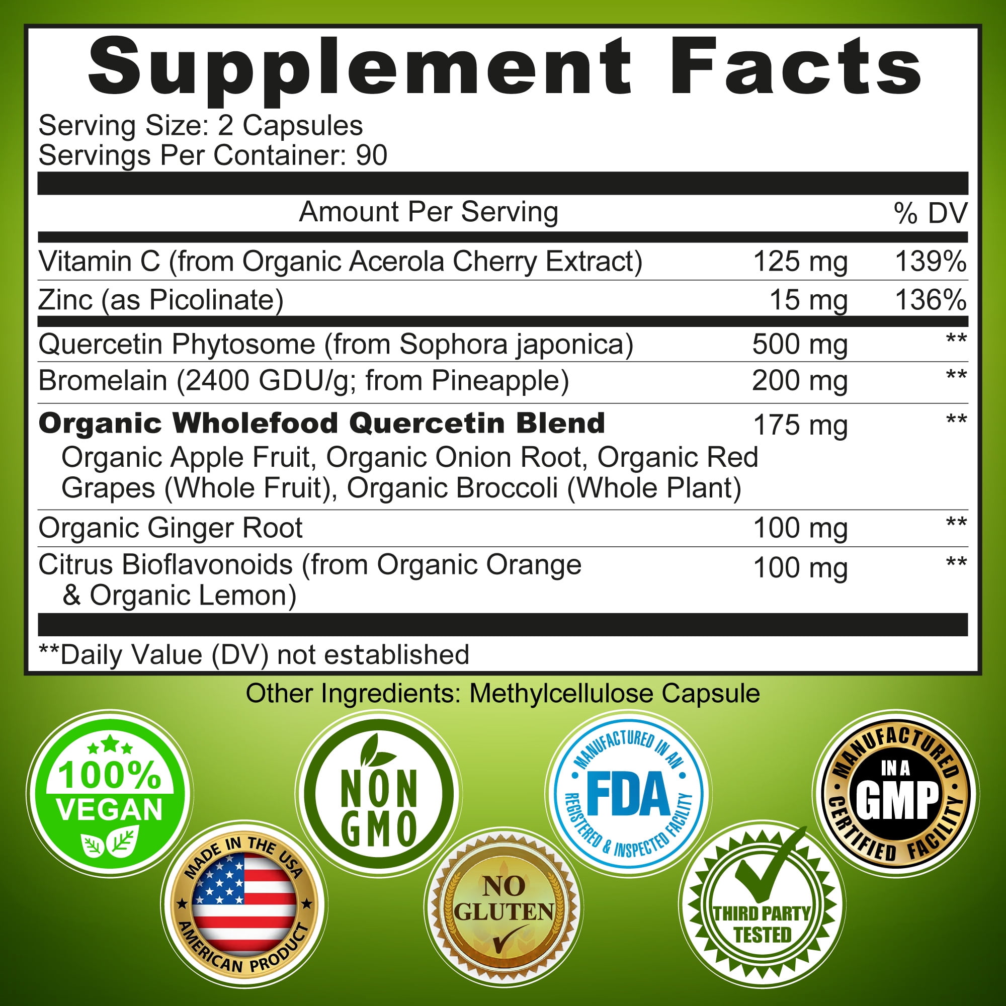 Quercetin with Bromelain – Quercetin Phytosome 500 mg High Absorption Supplement – Immune Support with Vitamin C, Zinc, Ginger & Citrus Bioflavonoids – Organic Whole Food Blend – 180 Capsules