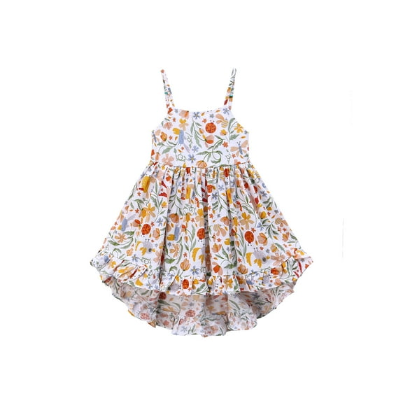 famuka Little Girl Summer Strap Dress Toddler Flowers Sundress Child Cotton Swing Dresses