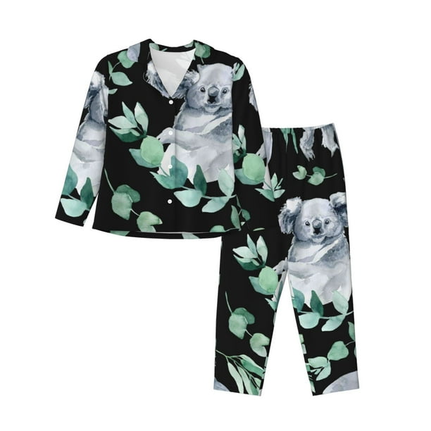 Balery Cartoon Koala Bear Conjunto de Pijama con Estampado para Mujer, Conjunto de Dos Piezas con Manga Larga, Ropa de Dormir Suave con Bolsillos, Pijamas Cómodos-Medium