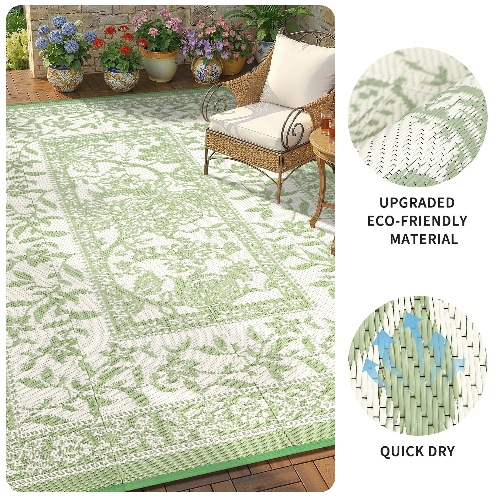 Garvee Outdoor Rug 9x12ft Waterproof Reversible Foldable Plastic Straw Rug, Modern Floral Border Outdoor Mat for Patio, Camping, RV, Deck, Porch, Balcony, Gray Green