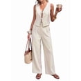 thumbnail image 4 of Women'S 2 Piece Outfits Striped Tie Front Sleeveless Peplum Tank Top and Wide Leg Pants Sets Khaki M, 4 of 9
