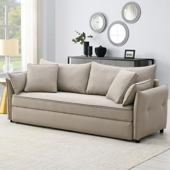ACME Irina Fabric Upholstered Sofa with Full Size Sleeper and 4 Pillows in Beige