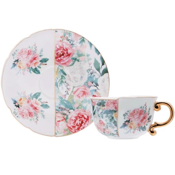 JanYoo Ceramic Tea Cups and Saucers Vintage Tea Cup Set Porcelain British Coffee Cups with Gold Trim for Women Party 10 oz