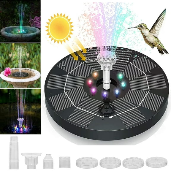 OhhGo Solar Fountain Pump Bird Bath Fountain with LED Light, 3W Solar Powered Water Fountain Pump with 6 Nozzles LED Lights for Bird Bath, Garden, Pond, Swimming Pool