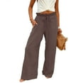 thumbnail image 3 of Women's Solid Color Linen Wide Leg Pants with Ruffled Waistband Loose and Casual Style Women's Trousers | Aestivo,Coffee M, 3 of 9