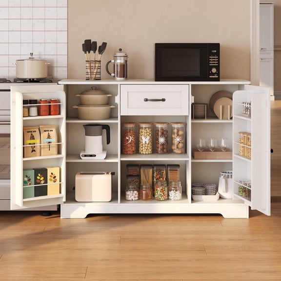 Asofer 42.3 Inch Coffee Station Cabinet with Doors & Drawers, Multifunctional Kitchen Pantry Storage Organizer, White