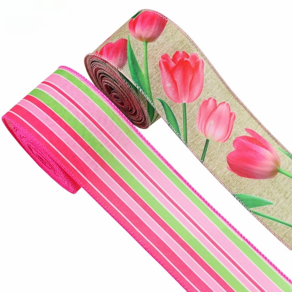 Wired Ribbon 2Rolls Tulip Ribbon Pink Green Stripe Gift Wrapping Ribbon for Farmhouse Party DIY Craft Wreaths Bow Decoration(Each Roll 2.48in×5yd )
