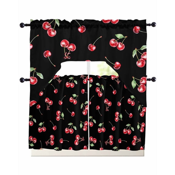 Cherry Rustic Kitchen Curtains Swag Valance and Tier Curtains Set 36 Inch Length, Spring Summer Tropic Fruit Black Rod Pocket Drape Panels Pair Swag Curtain for Bathroom/Cafe/Window
