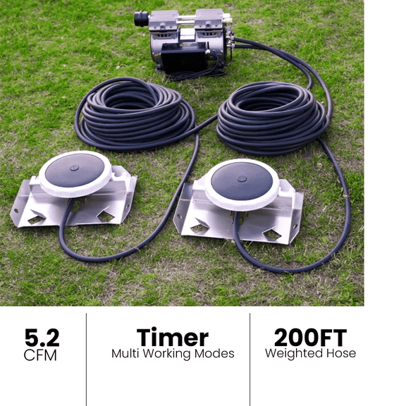 WRSTER-TECH 3/4 HP 5.2CFM Large Pond Aerator Pump Timer 200' Tube 2 Diffusers System 3 Acre Outdoor