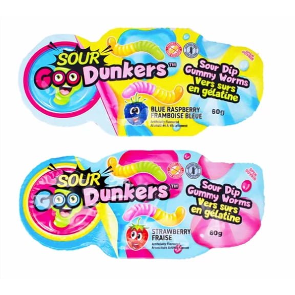 Sour Goo Dunkers Sour Dip Gummy Worms Blue Raspberry Strawberry Flavored 2-Pack