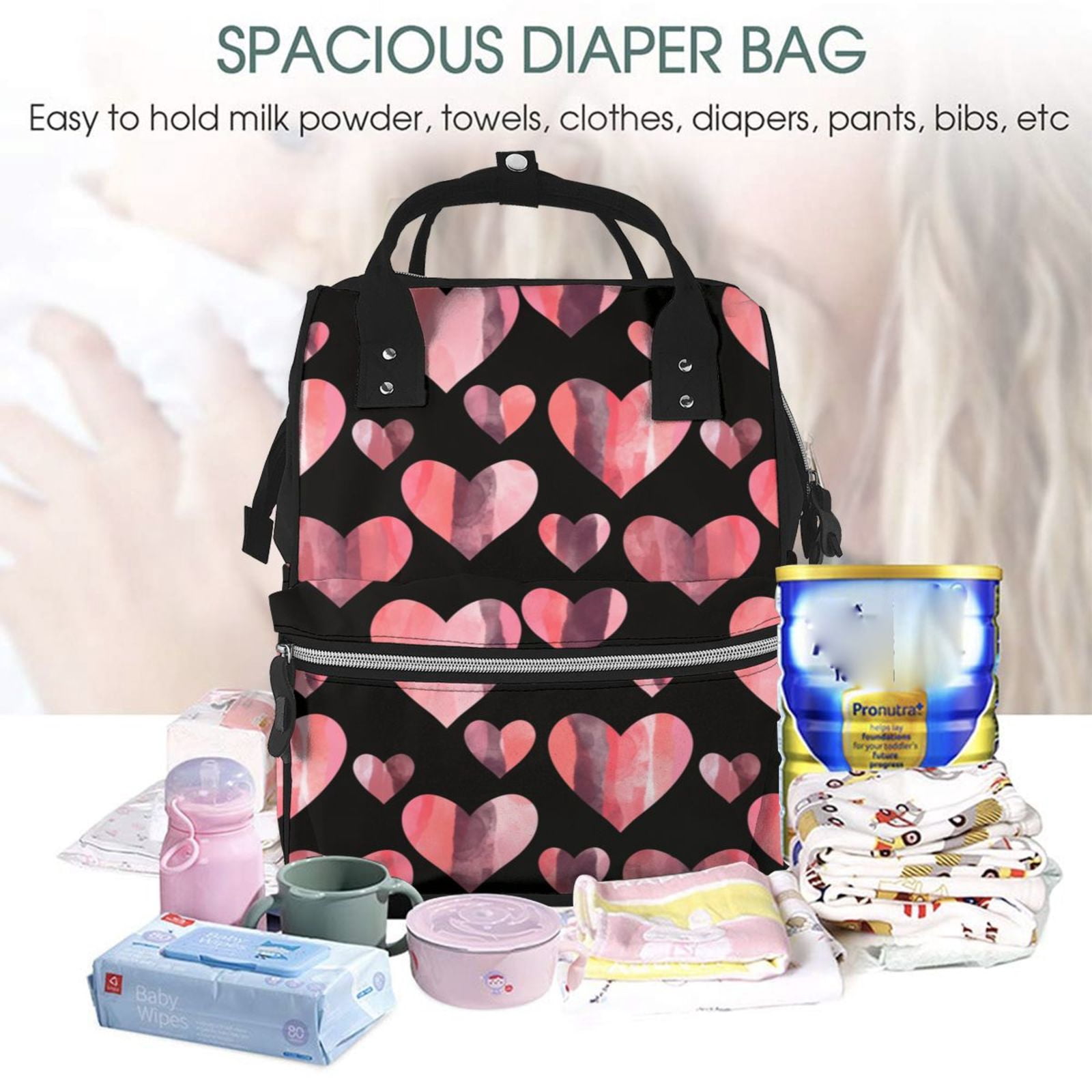 Ratiio Hearts Mummy Backpack - Waterproof Twill Canvas, Large Capacity Diaper Bag with Multiple Pockets and Adjustable Straps