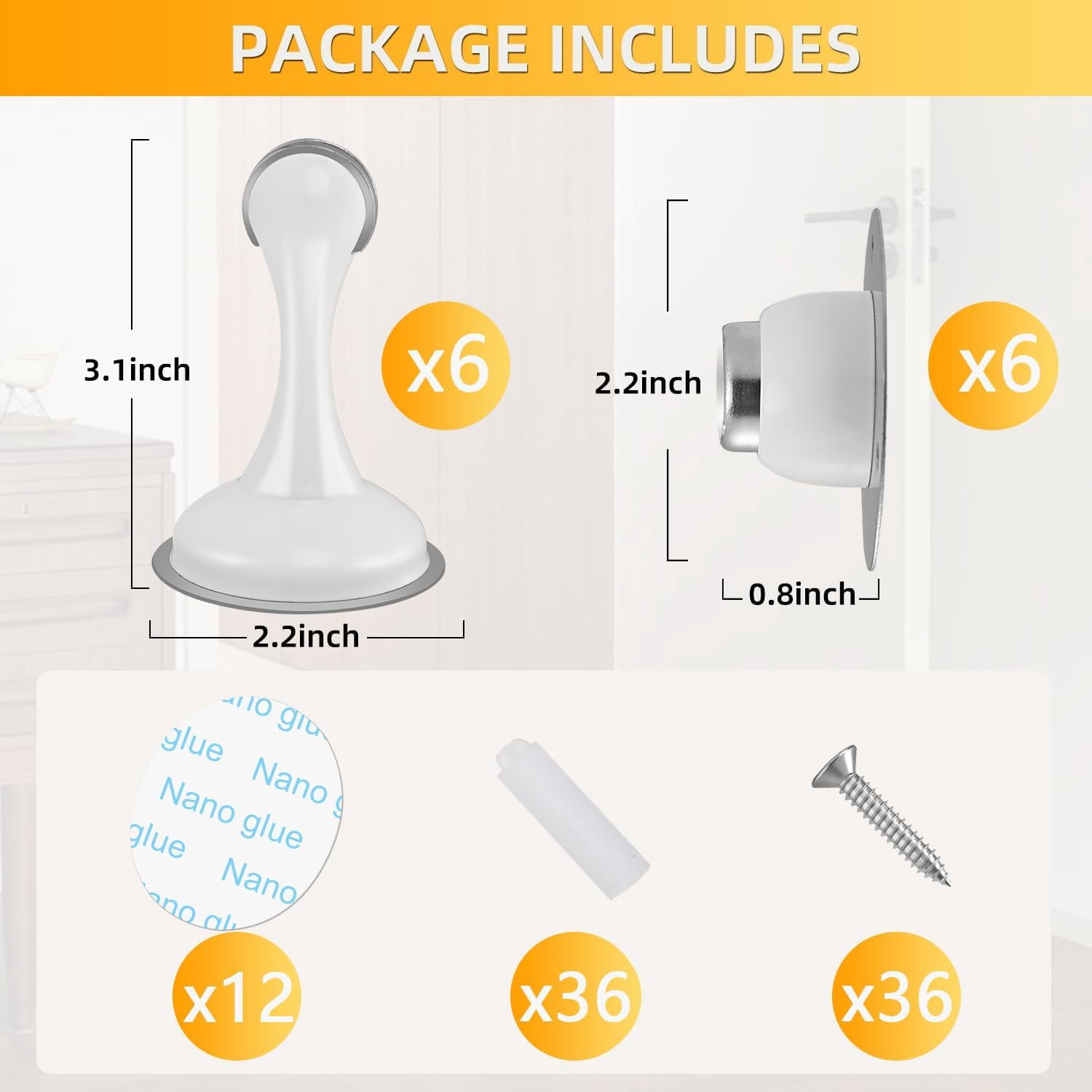JJEAN-6 Pack Magnetic Door Stop No Drilling Door Stop with 3D Adhesive Tapes Keep Door Open Door Stainless Steel Screws for Stronger Mount (White)