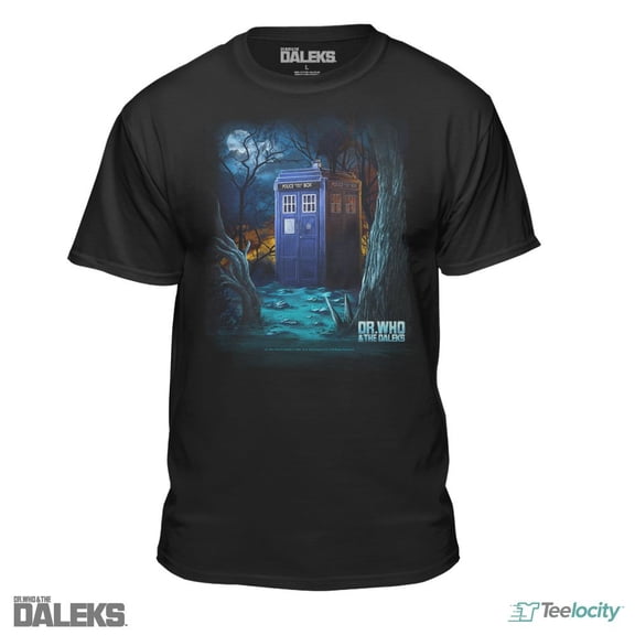 Doctor Who & the Daleks Mens T-Shirt - Darkened Wooded Call Box Image (Small)