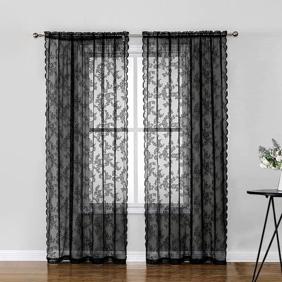 Lace Curtains 39 Inches Length 2 Panels Set, Black Sheer Floral Embroidery Vintage Voile Window Panel Treatment Pair Macrame Tulle Heritage Drape for Bedroom/Kitchen, Rod Pocket, W39 x L39