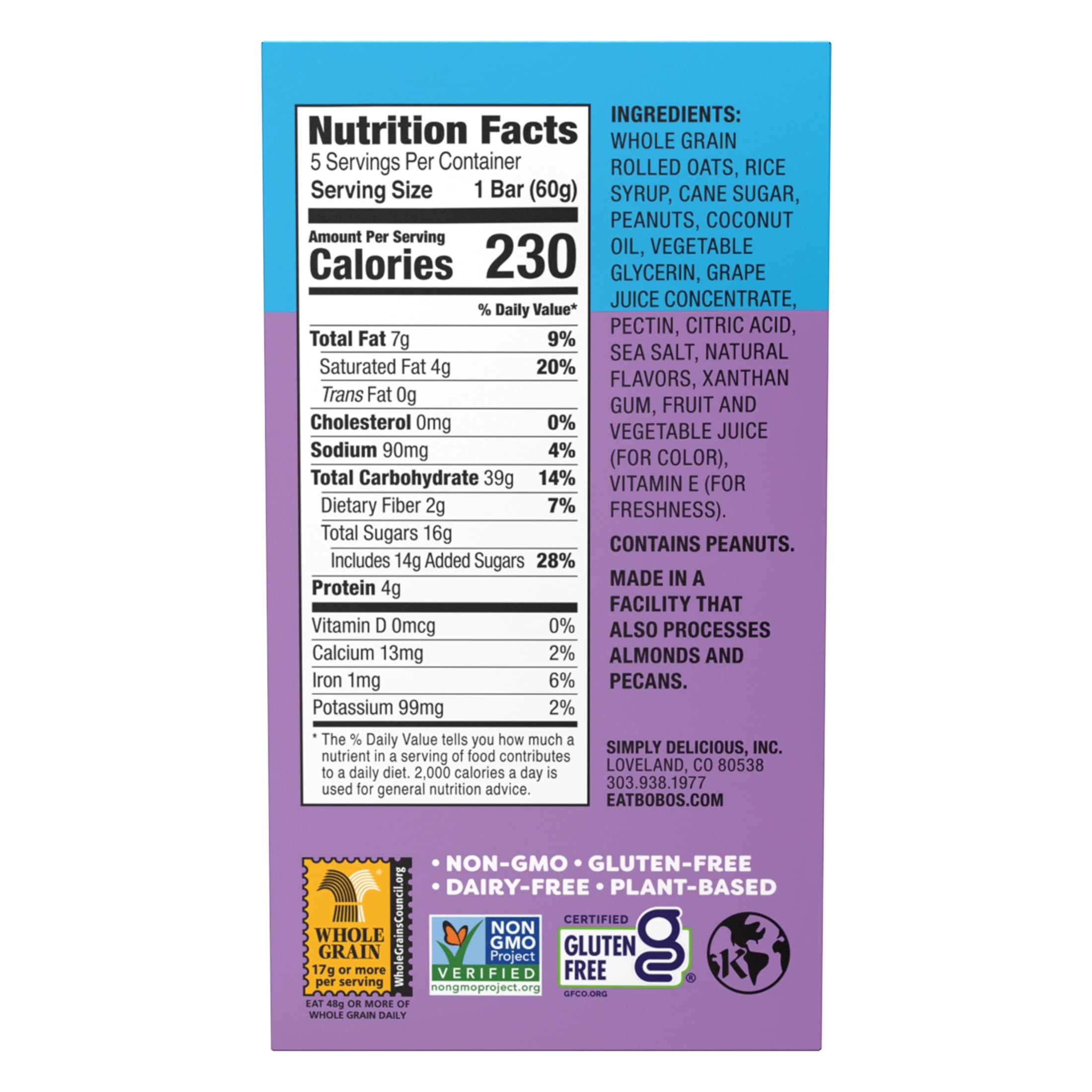 (6 pack) Bobo's PB&Js, Peanut Butter Oat Crust With Grape Filling, 5 Pack of 2.1oz oat snacks