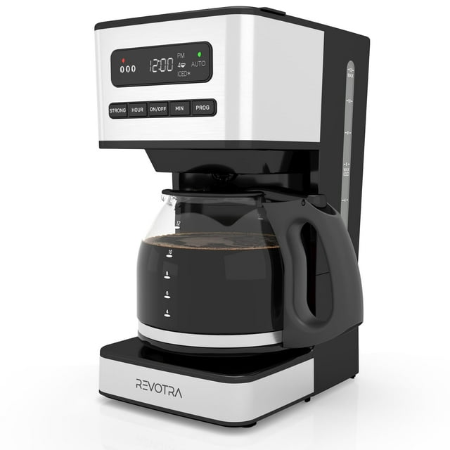 REVOTRA 12-Cup Programmable Coffee Maker, Regular & Strong Brew Drip Coffee Machine, 1-4 Cup and Ice Coffee Setting, 24H Timer, Auto Shut-Off, Keep Warm,