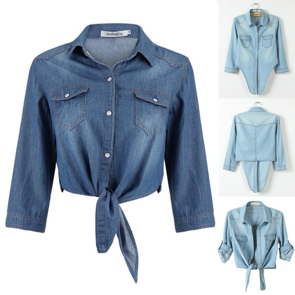 Womens Denim Crop Shirt 3/4 Sleeve Button Down Front With Knot Tie Detail Casual Jacket