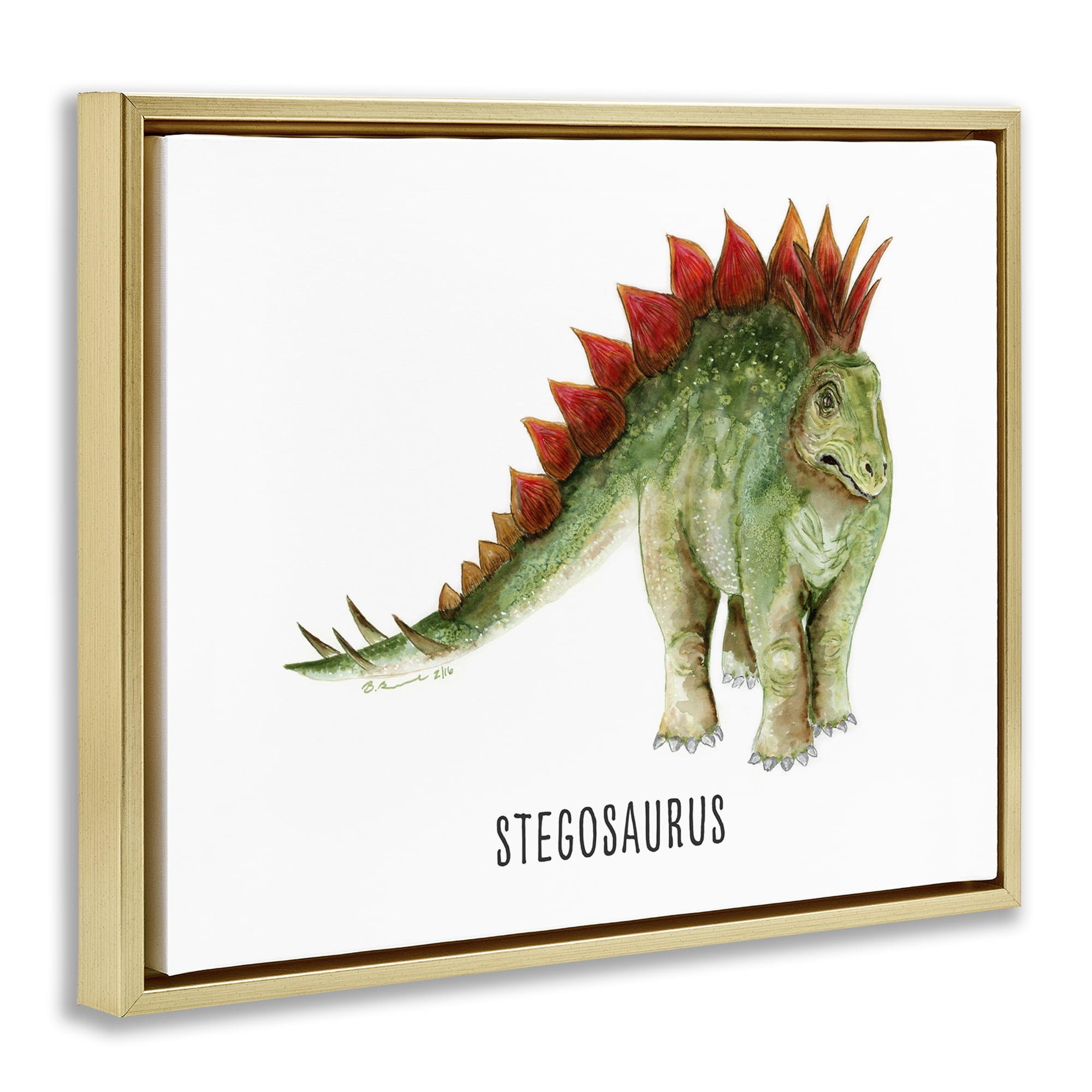 Stupell Industries Stegosaurus Dinosaur Learning Animals Painting Gold Floater Framed Canvas Art Print Wall Art, 21 x 17