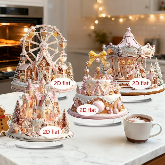 Artículos De Vacaciones Set de decoración navideña acrílica 2D con noria, carrusel, castillo y pastel para exhibición festiva en la mesa (1 pieza)【A】 Rkxzt