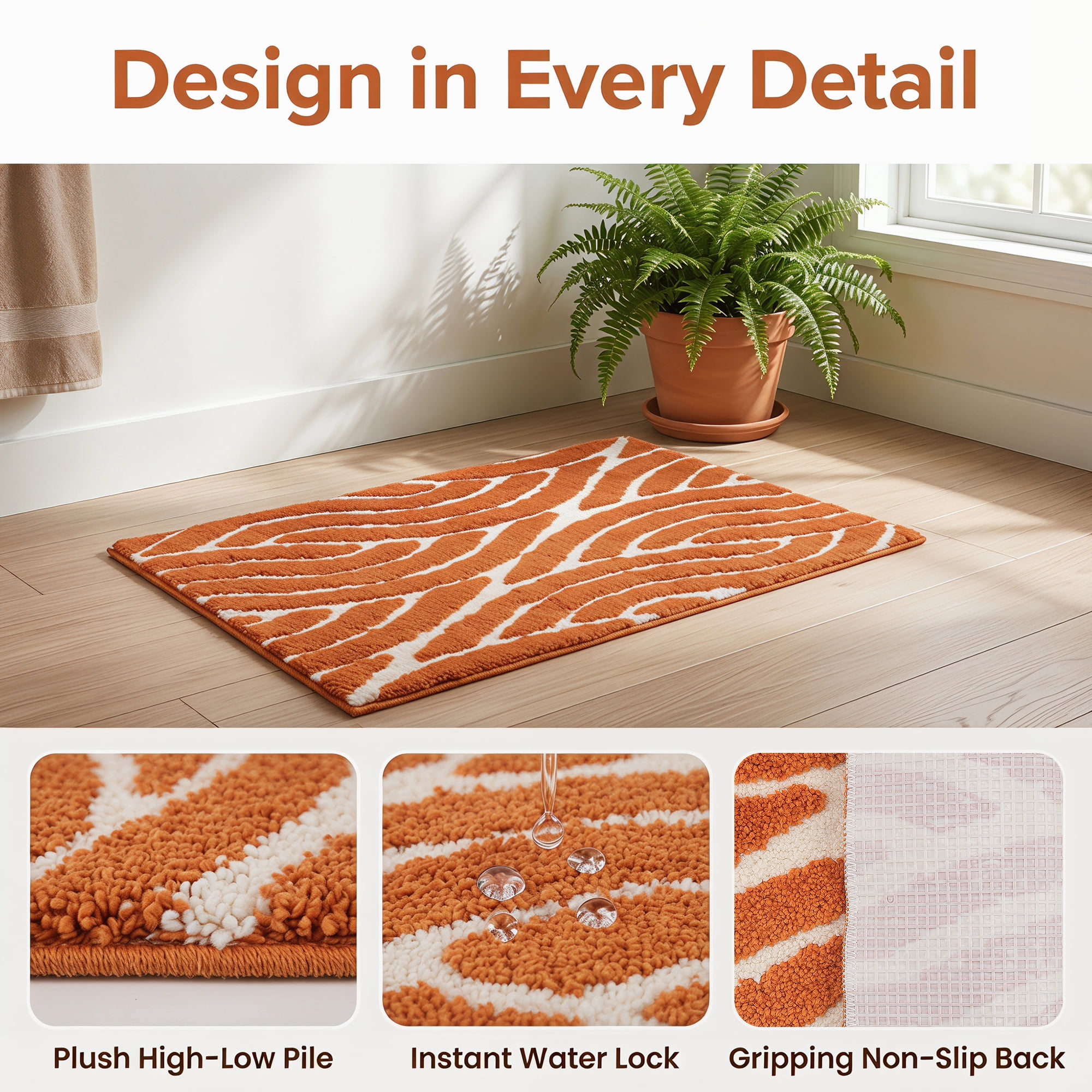 Unique Bargains Geometric Soft Microfiber 3D Textured Plush Bath Mat Orange 24" x 16"