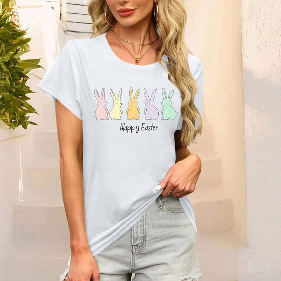 Pxxlle Happy Easter T Shirts for Women Cute Bunny Rabbit Graphic Tees Casual Summer Short Sleeve Crewneck Tops for Holiday S