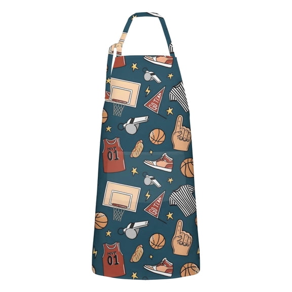 Blue Basketball Related Items Pattern Apron-Garden Aprons for Women with Pockets-Cotton Linen Waterproof Kitchen Cooking Gardening Aprons Adjustable for Kitchen,Cooking,BBQ and Salon 33x27 Inch