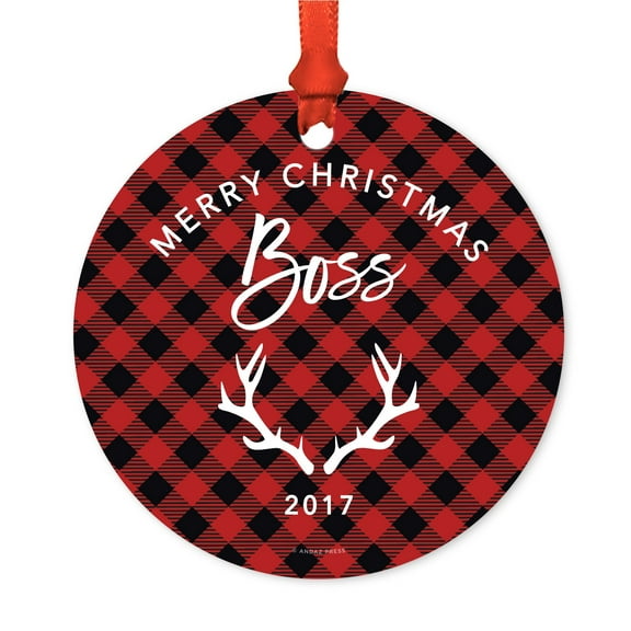 Family Metal Christmas Ornament, Merry Christmas Boss 2017, Red Plaid, Includes Ribbon and Gift Bag