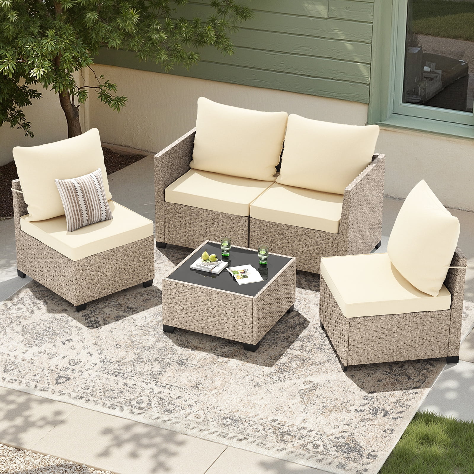 STARY Outdoor Deep Seat Cushions for Patio Furniture, 20"x20" Replacement Sectional Cushions for Outdoor Sofa, Armchair, 8 Pieces, Cream