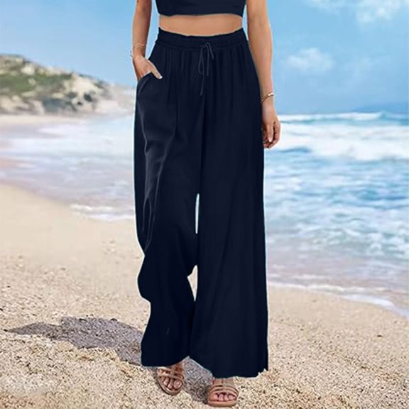 ClodeEU Women's High Waist Wide Leg Drawstring Athletic Pants,Casual Beach Trousers with Pockets Navy,Women's Plus L