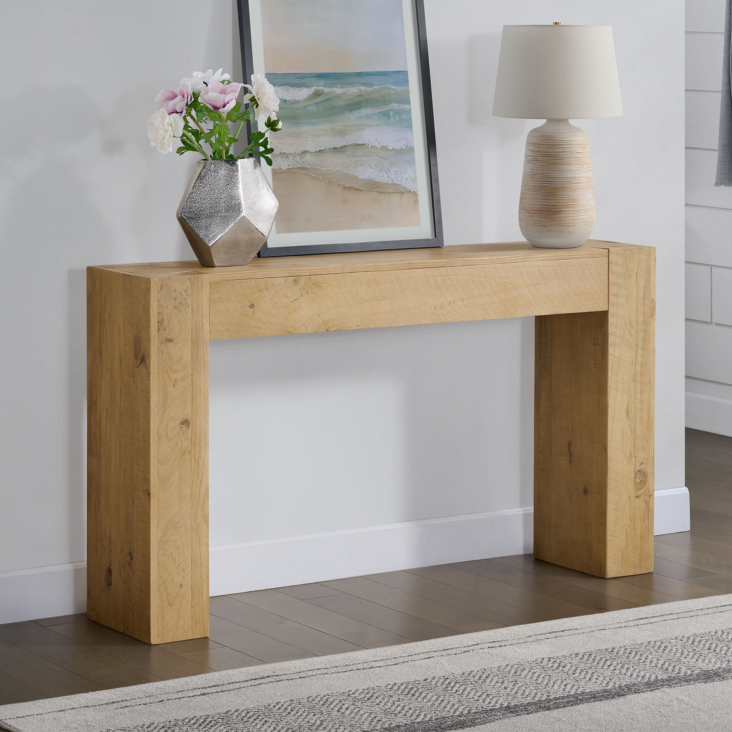 Alaterre Furniture Stockyard Solid Wood Console Table - 56in Modern Farmhouse Entryway Table, Light Oak