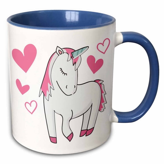 3drose, Pink and White Unicorn with Pink Hearts, 15oz Two-tone Blue Mug