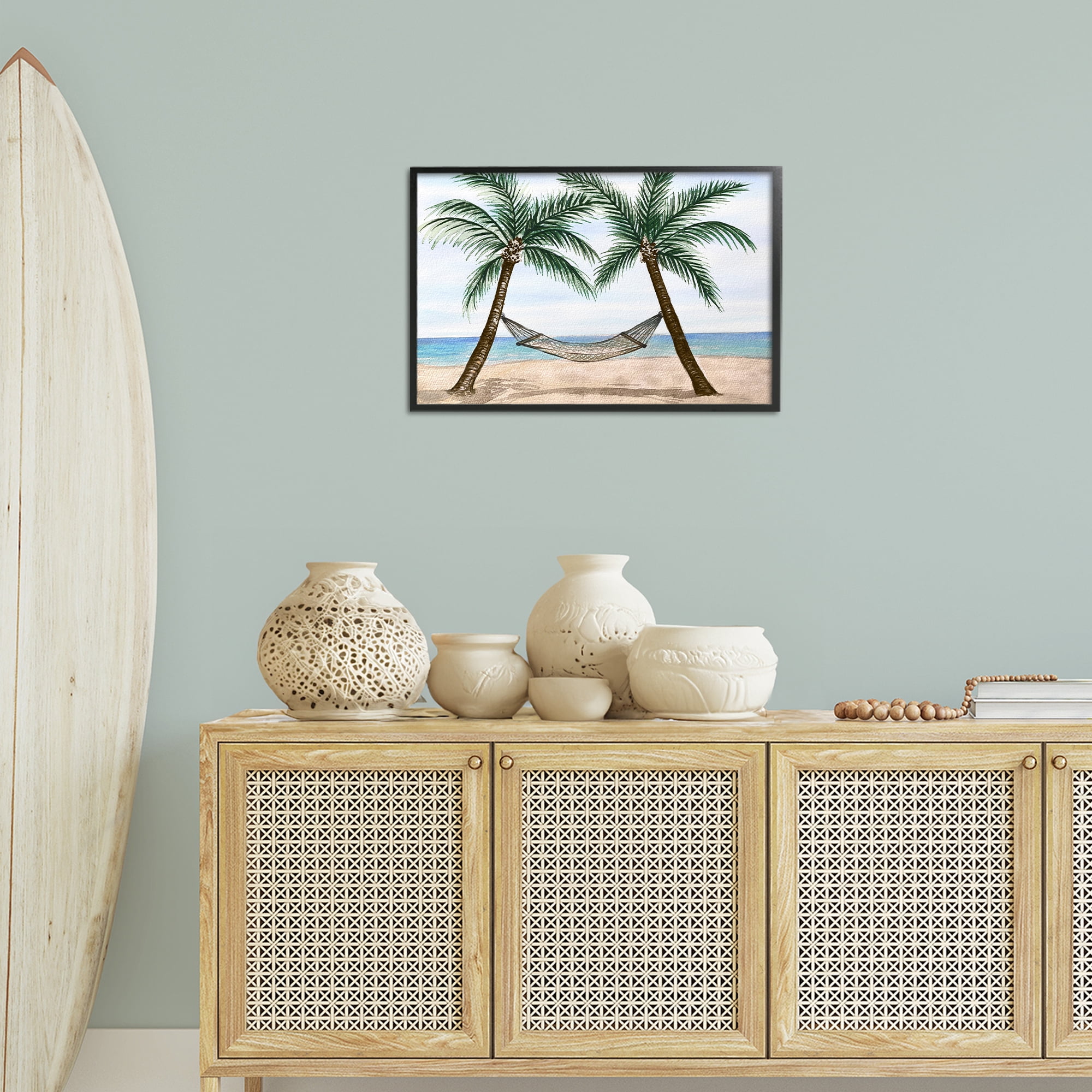 Stupell Industries Hammock Between Palms Landscape Painting Black Framed Art Print Wall Art, 24 x 16