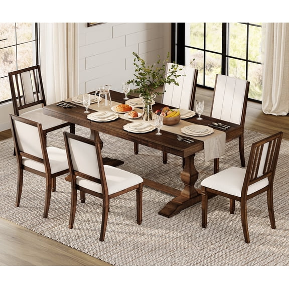 WAMPAT 7-pieces Farmhouse Dining Table Set,74.8" Kitchen Table with Chairs for 6-8,Solid Wood Legs and Upholstered Back for Dining Room & Living Room,Espresso