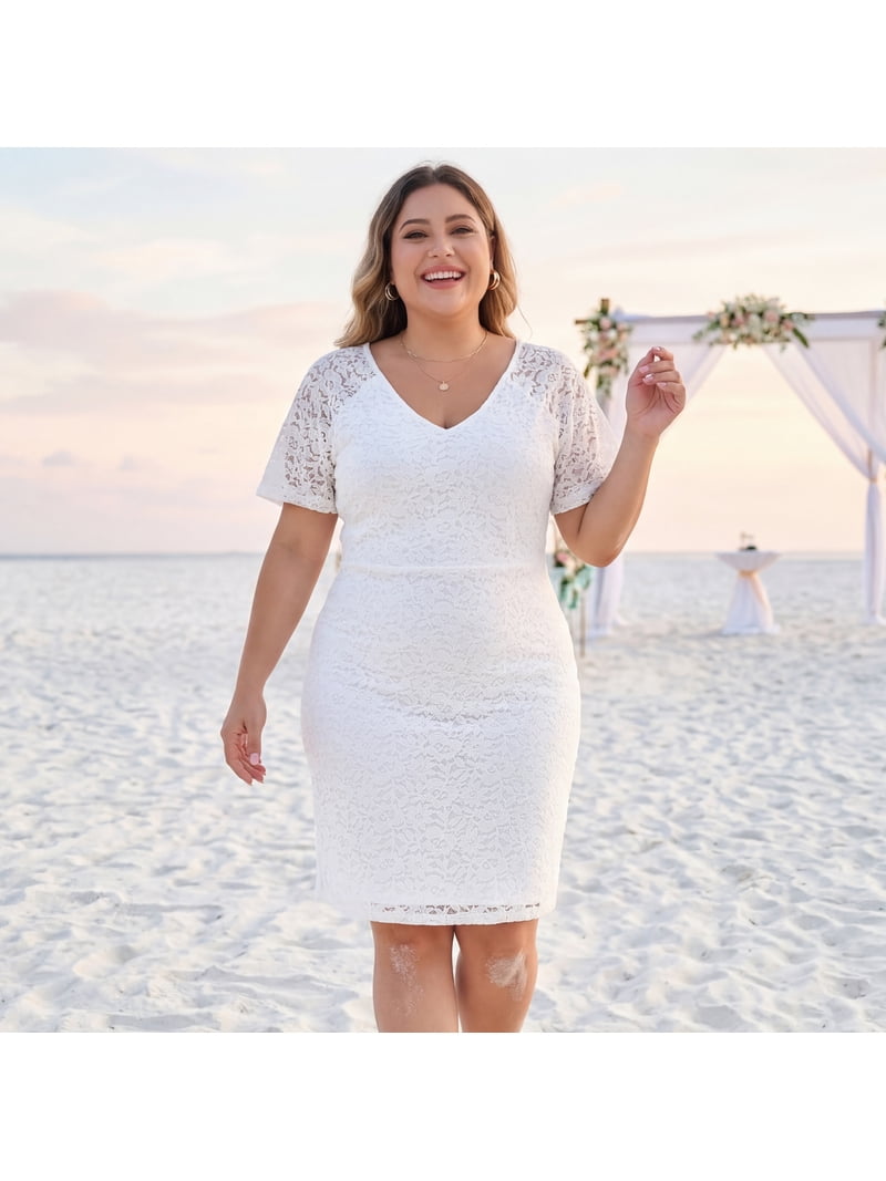 Agnes Orinda Plus Size White Lace Bodycon Dress, V Neck, Short Sleeves, Midi Length, Elegant Design
