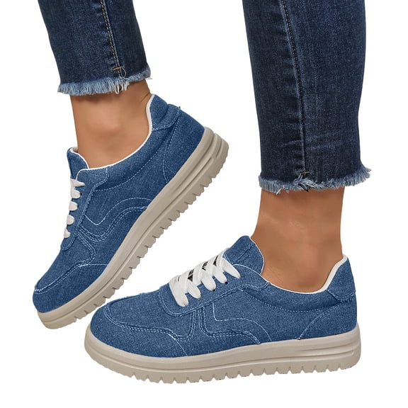 Rokment Denim Platform Low Top Fashion Sneakers Walking Shoes for Women 2026 Spring Fall Stylish Casual Canvas Chunky Heeled Skateboarding Tennis Flat Blue Size 6